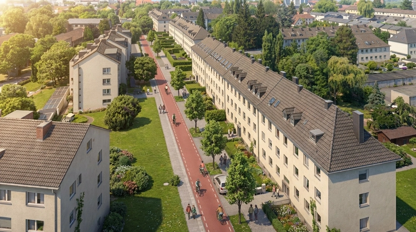 Aerial view of two long white residential buildings facing each other with a red running track and sidewalk between them, surrounded by grass and trees.