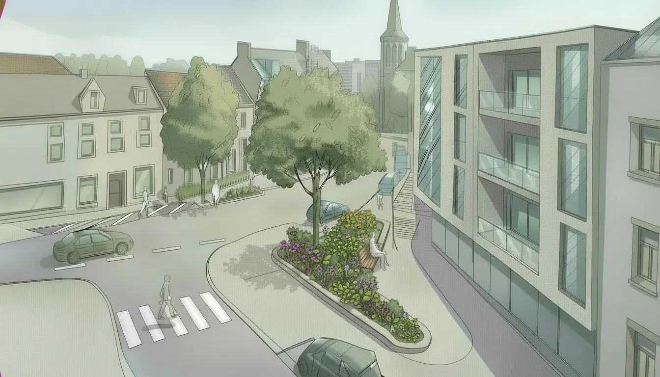 3D model of a small park with a bench, shrubs, a leafy tree, a leafless tree, and a streetlamp on a triangular paved area.