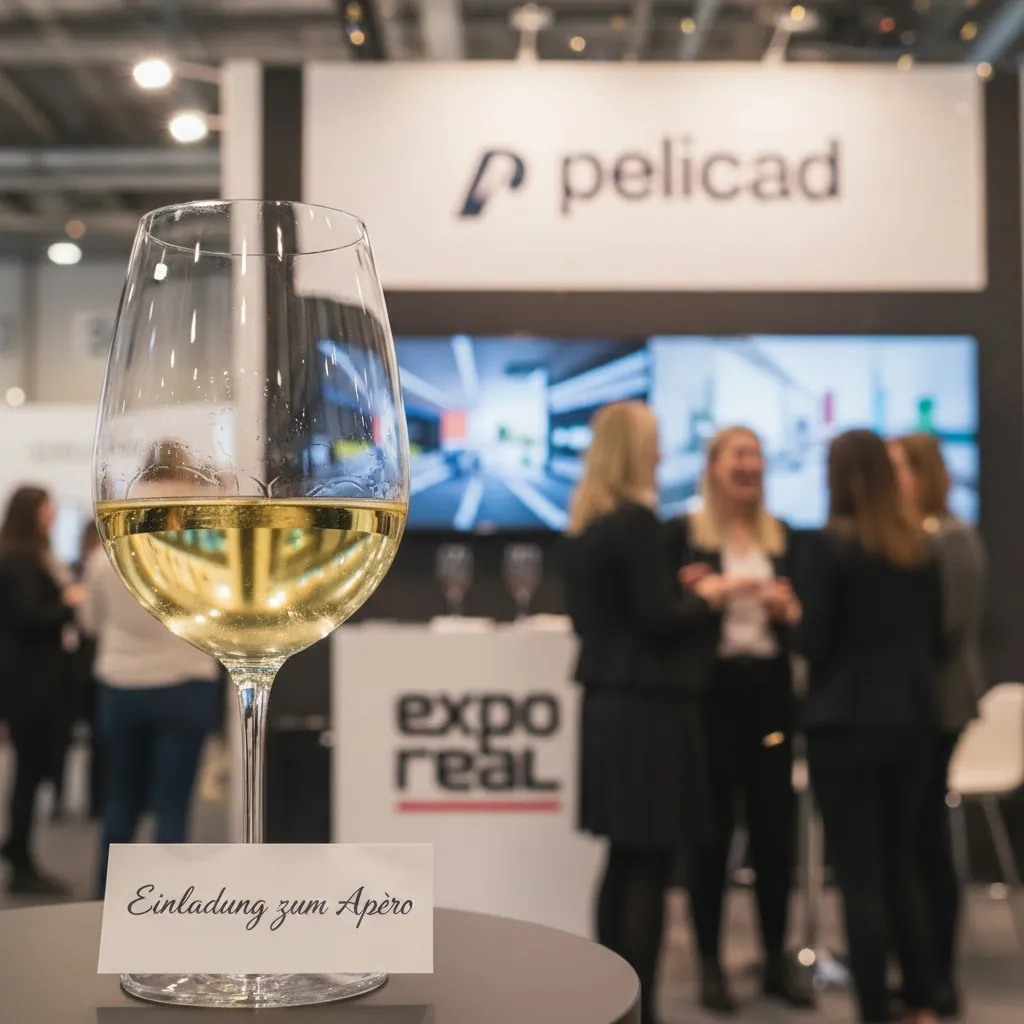 Wine glass reading Invitation to the Apero in front of the Pelicad and EXPO REAL trade fair stand, with guests talking in the background.