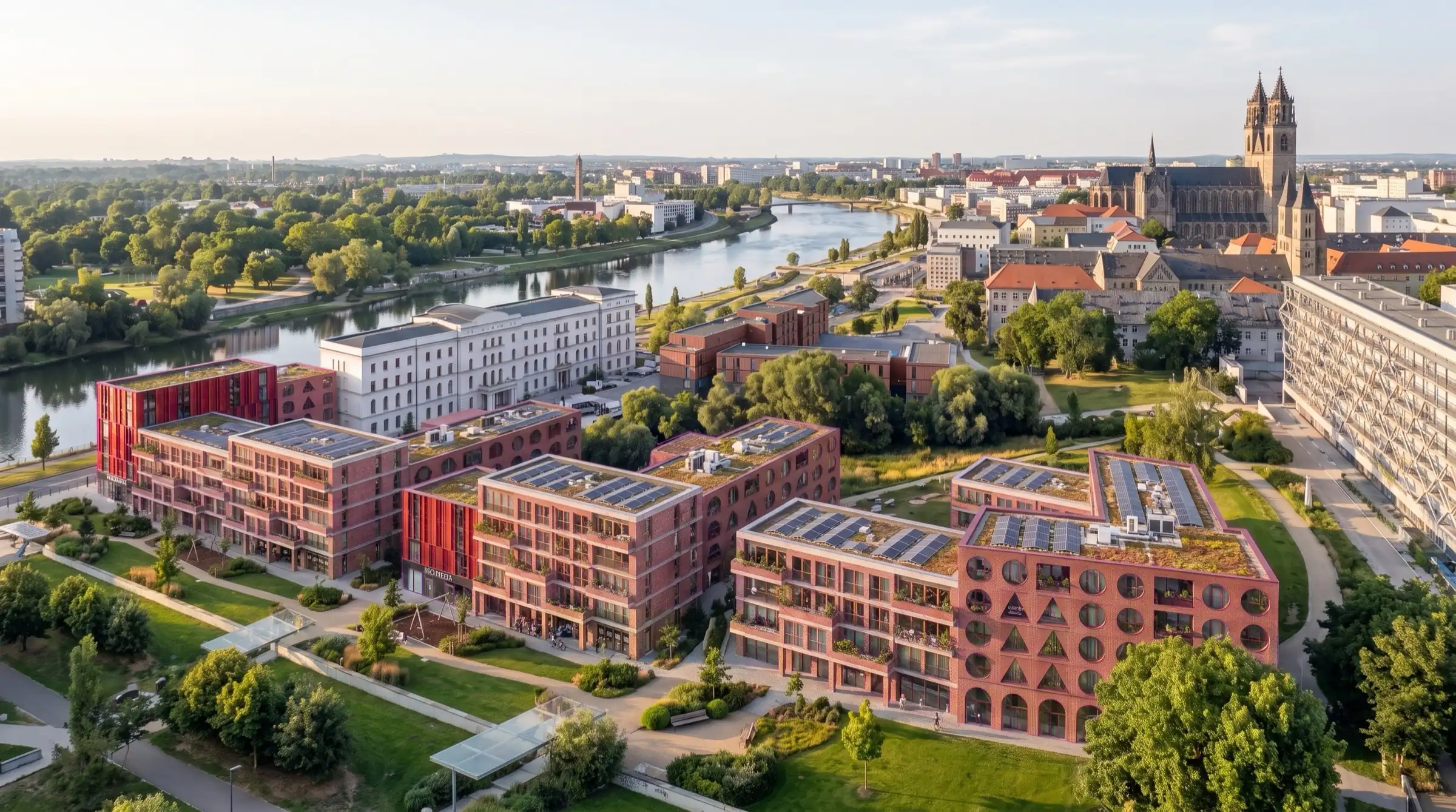 Aerial view of the planned district in Magdeburg, with the Elbe river and Magdeburg Cathedral in the background.
