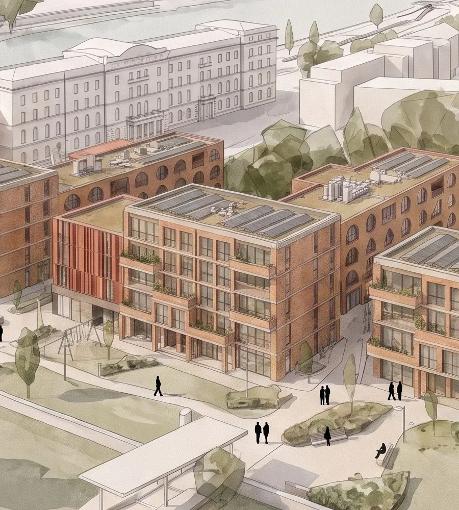 Sketch visualization of the planned district in Magdeburg, the starting point for the webinar's workflow.