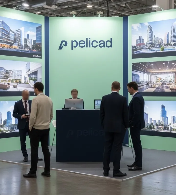 Pelicad trade fair stand with visitors at an industry event.