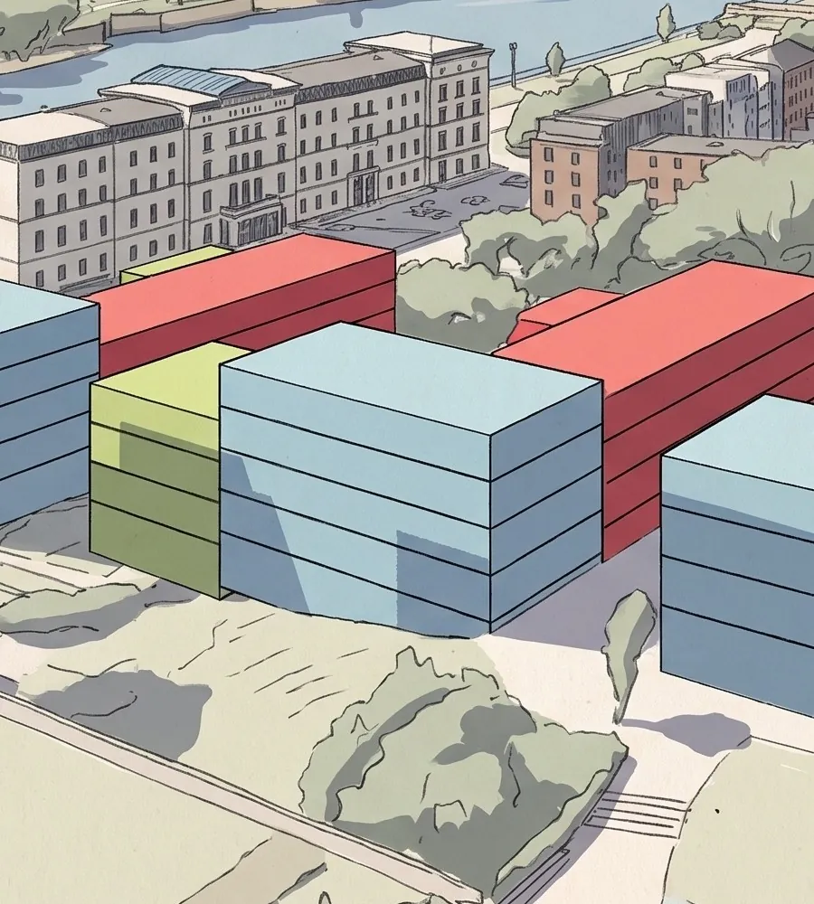 Colour-coded massing model of the planned district in Magdeburg by use type.