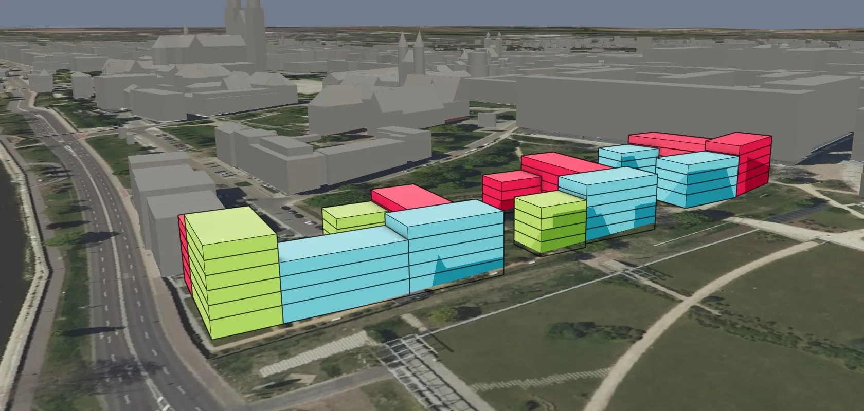 The same massing model in Magdeburg with a coarse LOD2 context and an aerial image as backdrop.