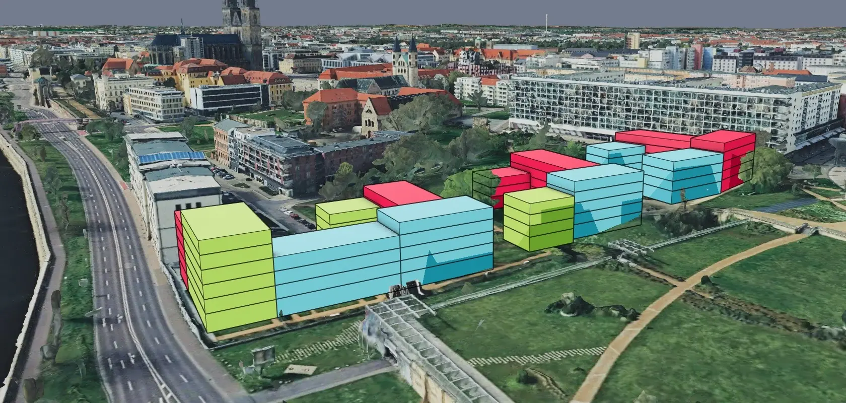 The same massing model in Magdeburg with a textured surrounding context, the Elbe and Magdeburg Cathedral visible.