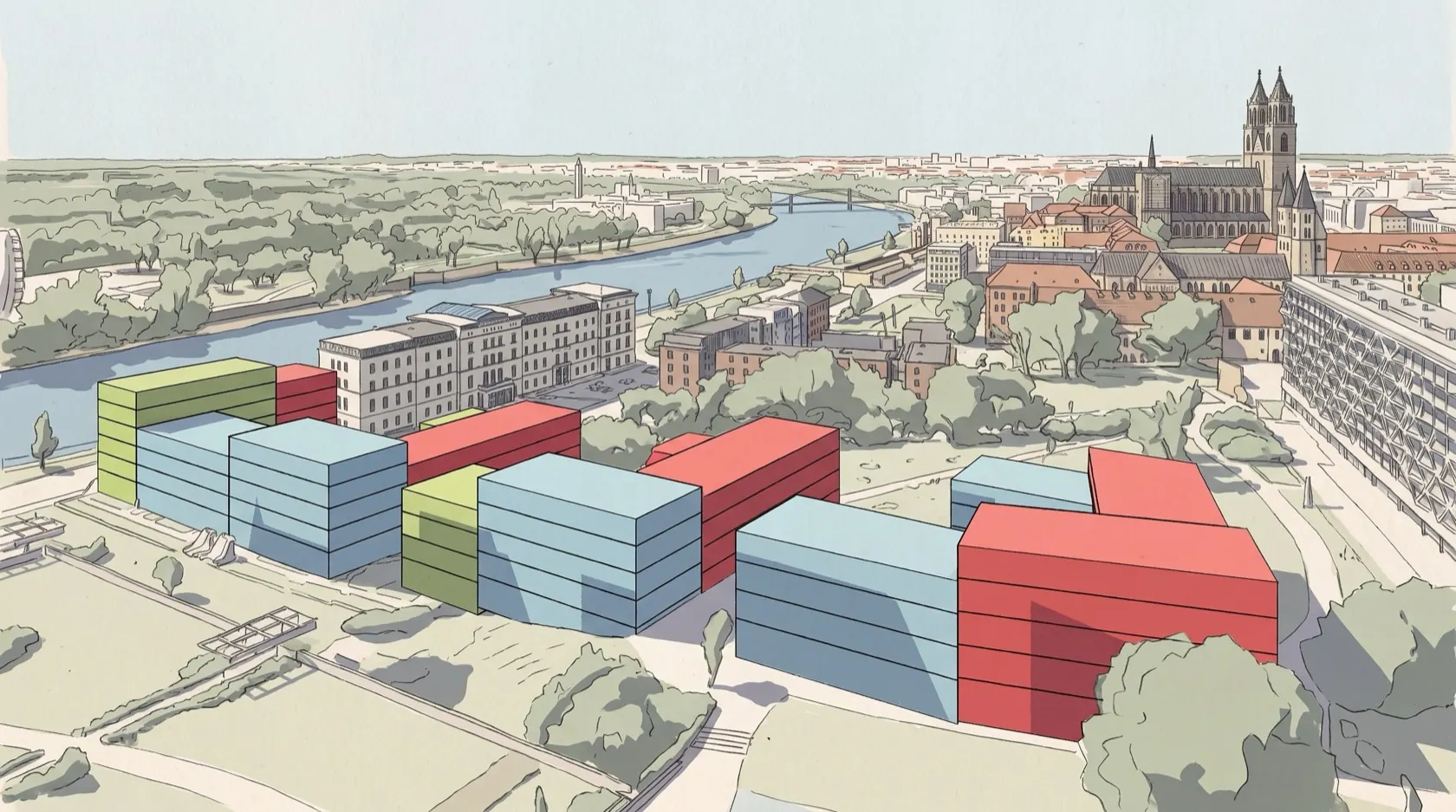 Colour-coded massing of the planned district in Magdeburg, set in its urban context.