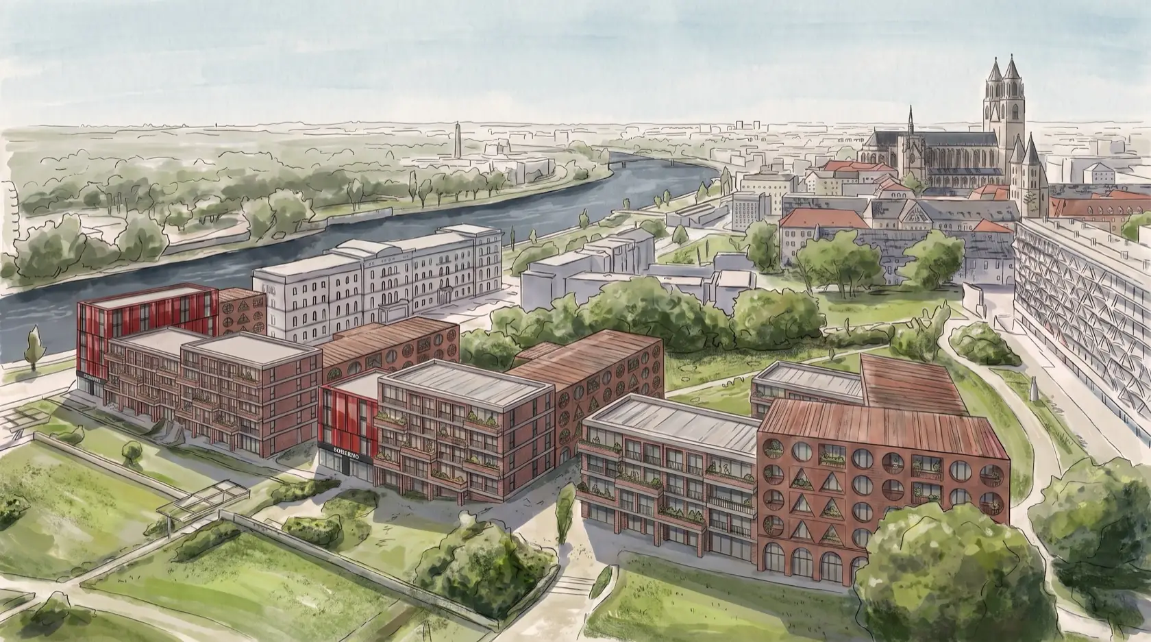 Refined sketch visualization of the planned district in Magdeburg with facade detail and open space.