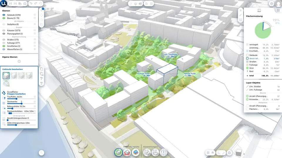 Screenshot of the Urbanistic interface showing building, cadastral and land-use layers in the digital city model of Magdeburg.