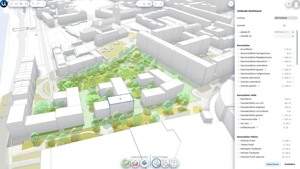 Screenshot of the Urbanistic interface while editing a building's footprint, eaves height and storeys.