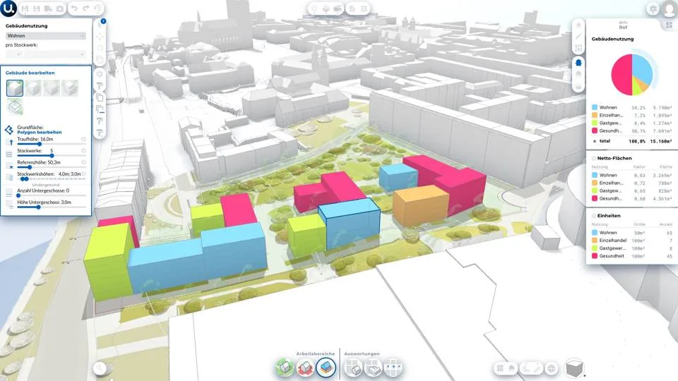 Screenshot of the Urbanistic interface with colour-coded building use and a use-distribution chart.