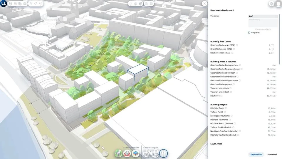Screenshot of the Urbanistic key-figures dashboard with FAR, site coverage and other metrics.