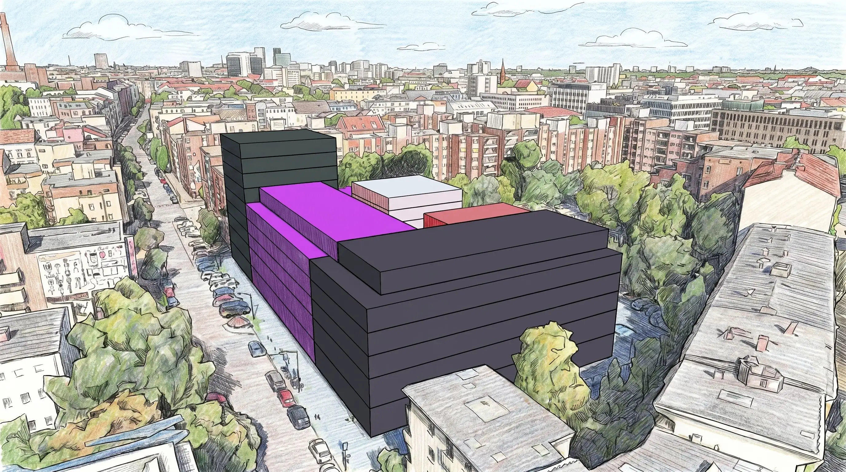 Clean base image with simple massing, visible floor separation lines and surrounding context.