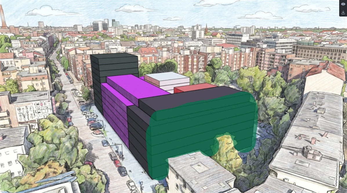 Marked base image showing the target facade area.