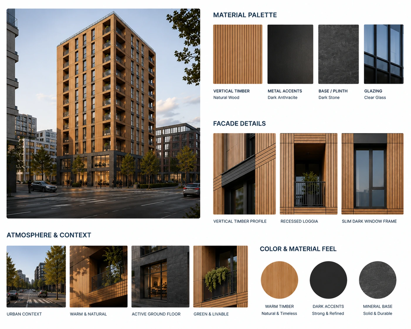 Mood board for material, rhythm and architectural atmosphere.
