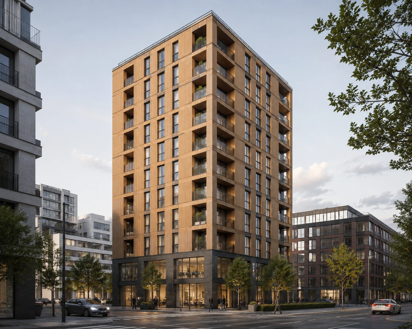 Complete timber facade reference with urban context.