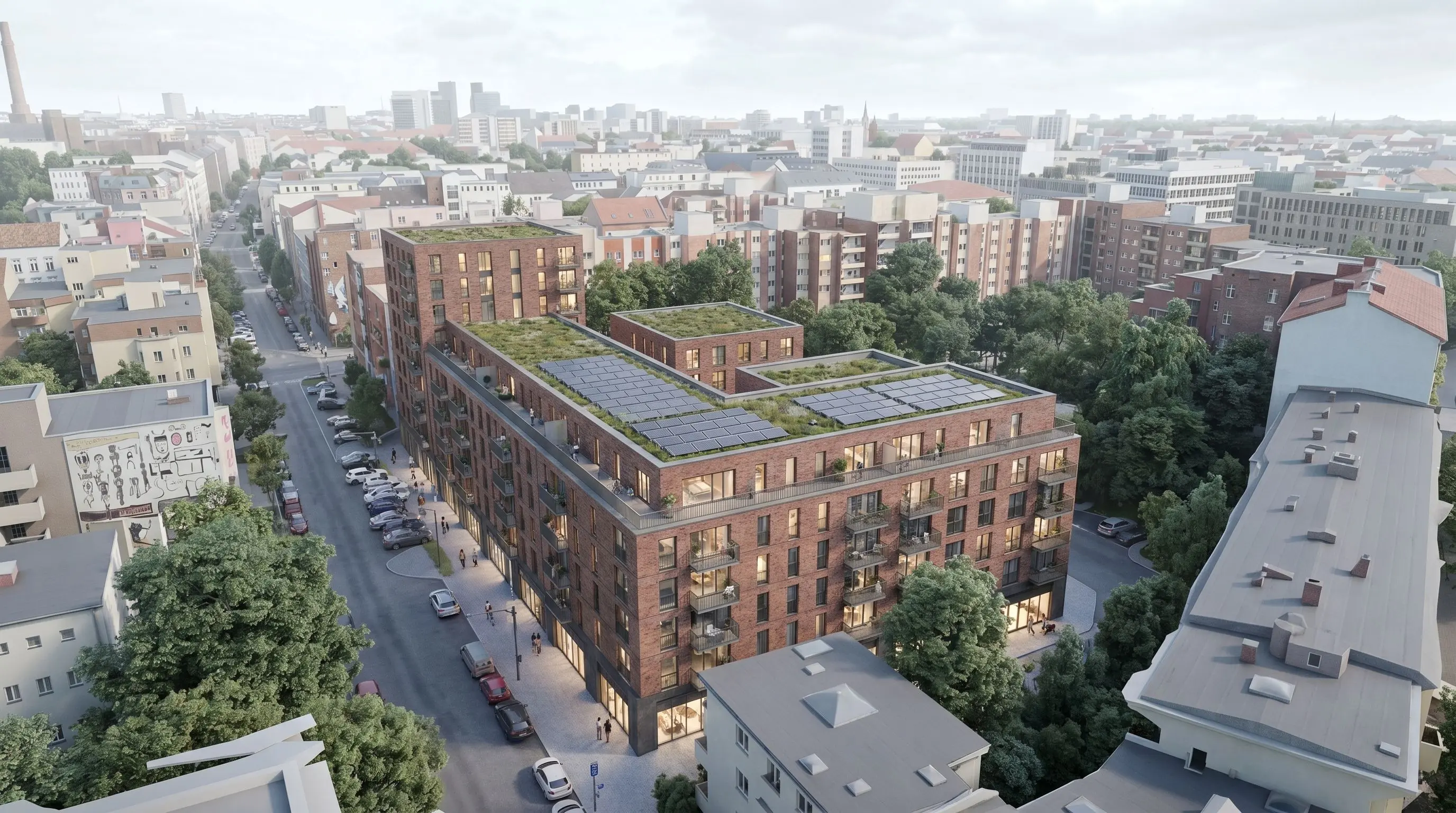Realistic brick facade result with urban context.