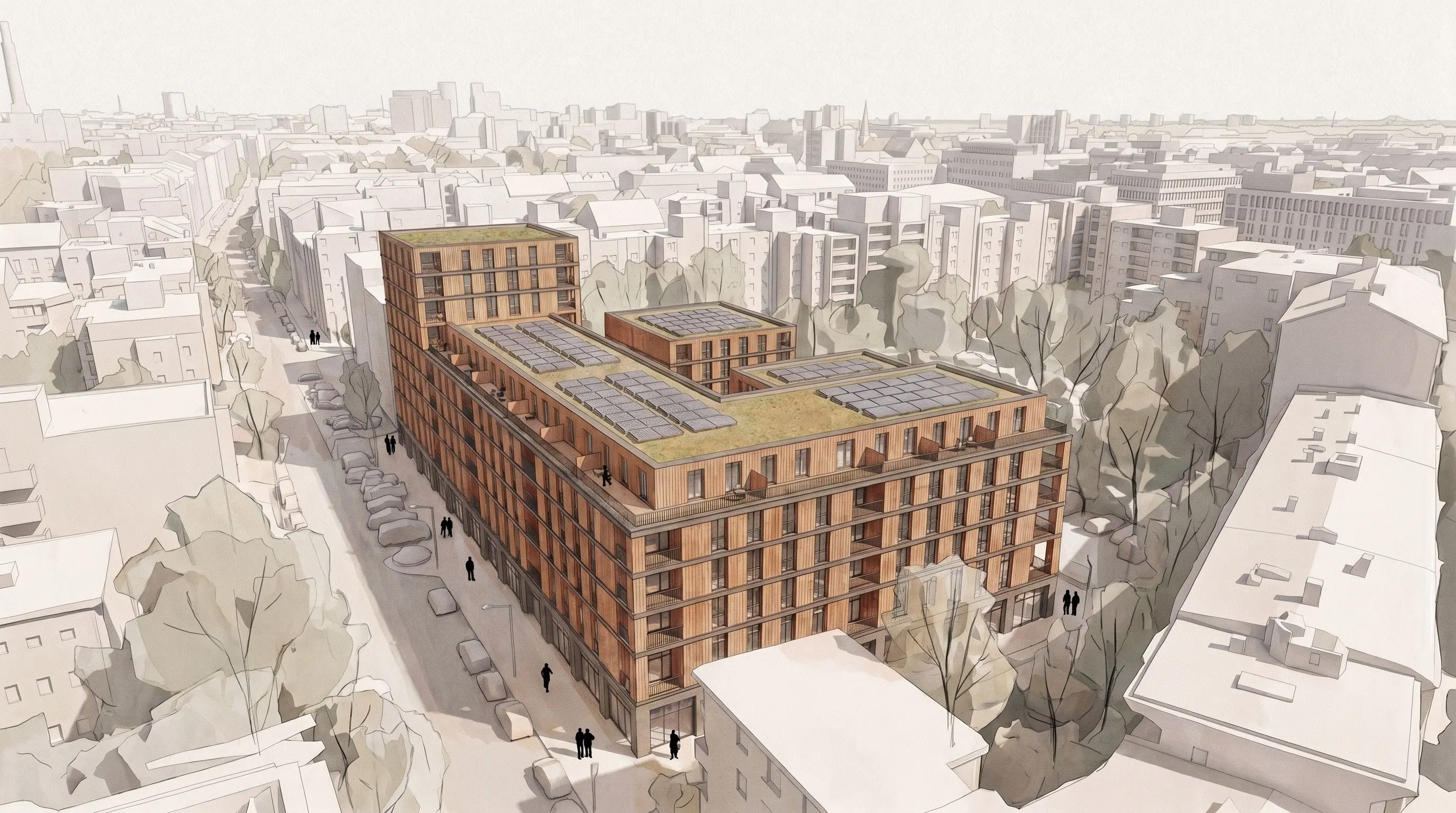 Wood facade result in a collage-like architectural visualization style.