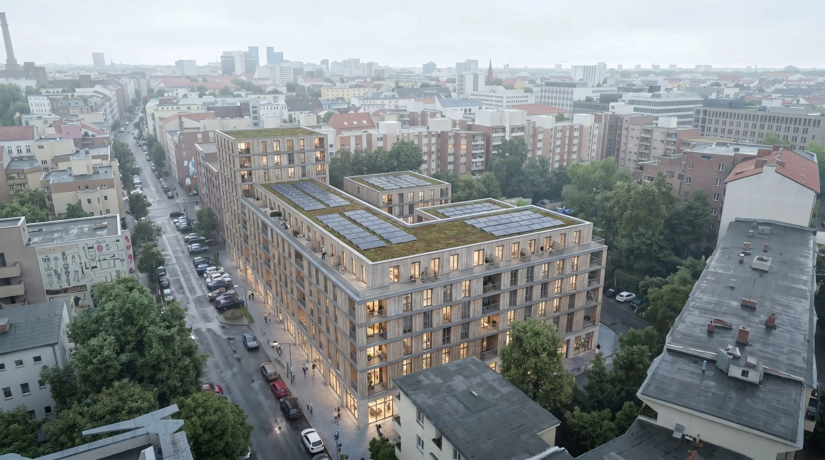 Wood facade result in soft overcast daylight.
