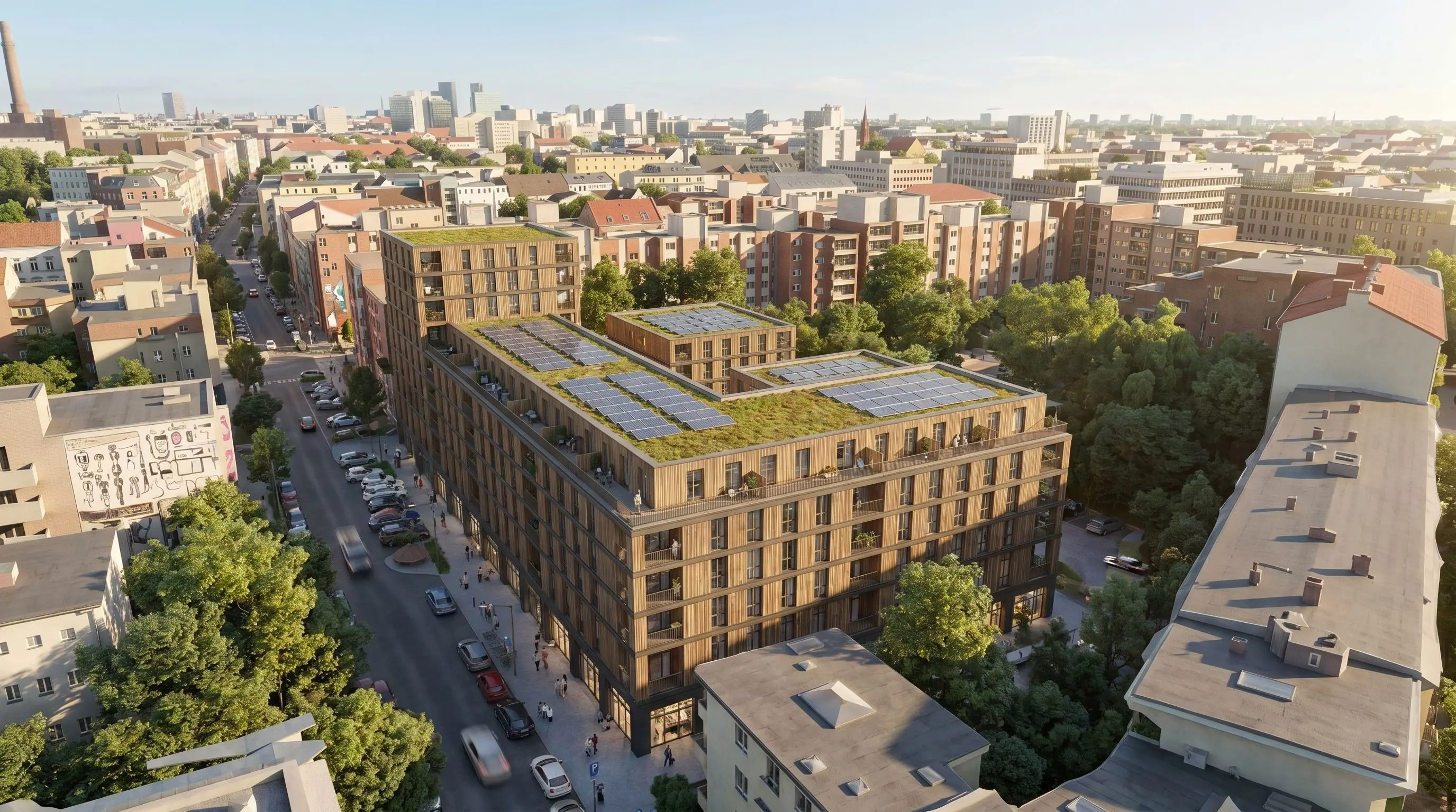 Realistic wood facade result with urban context.