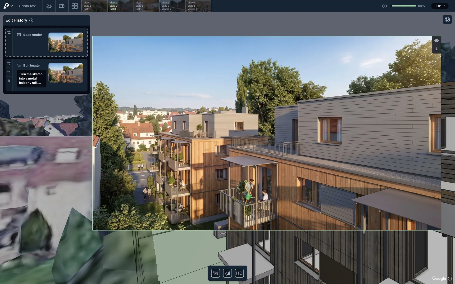 Pelicad interface with 3D site, edit history, and generated variants