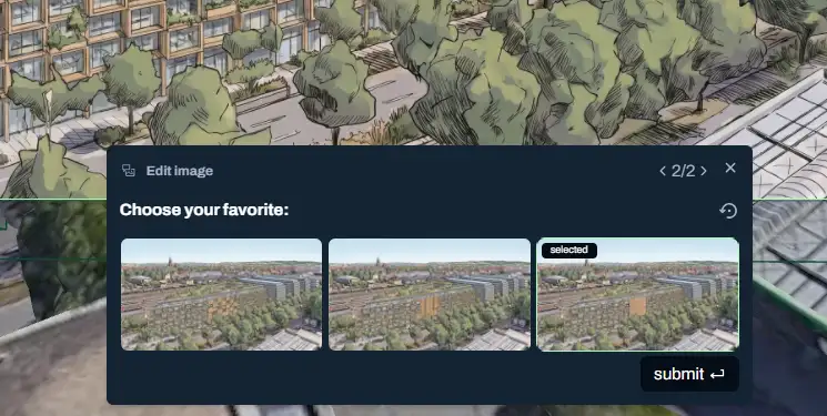 Pelicad interface showing three generated architectural image options.