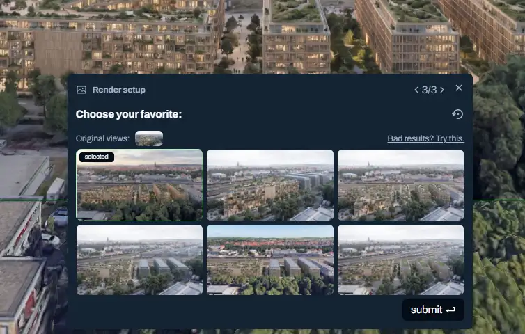 Pelicad interface showing six generated architectural image options.