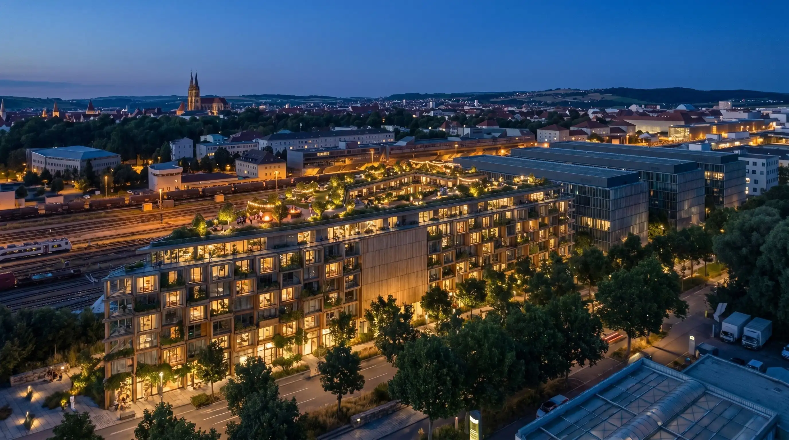 Evening aerial architectural visualization created in Pelicad.