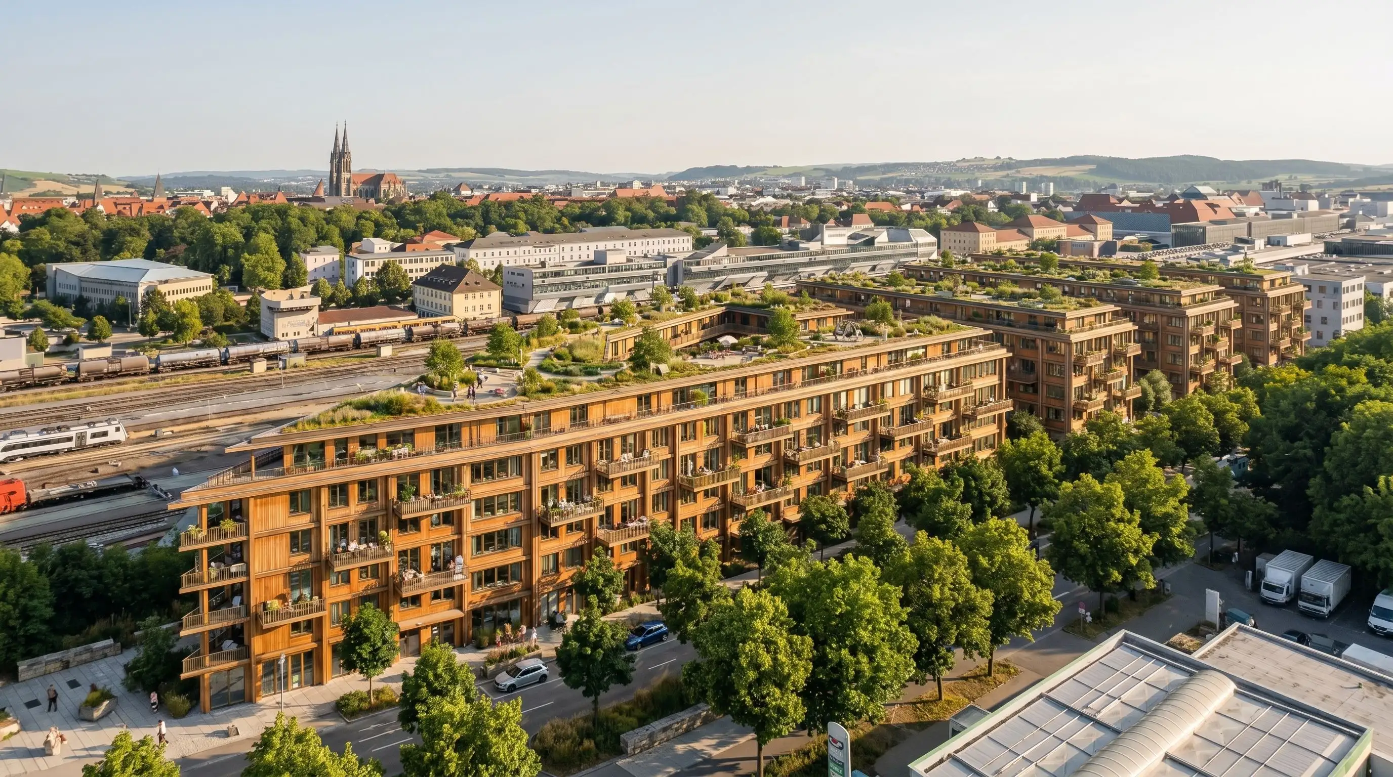 Aerial timber facade visualization created in Pelicad.