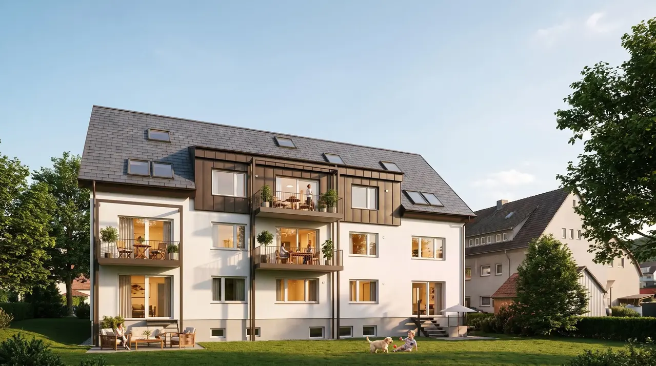 Gartenperspektive des sanierten Wohngebäudes in Fellbach.