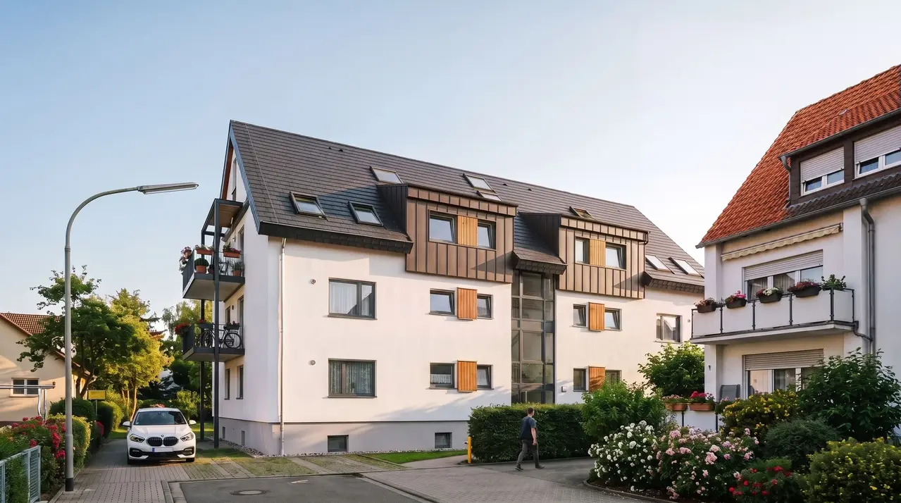Straßenperspektive des sanierten Wohngebäudes in Fellbach.