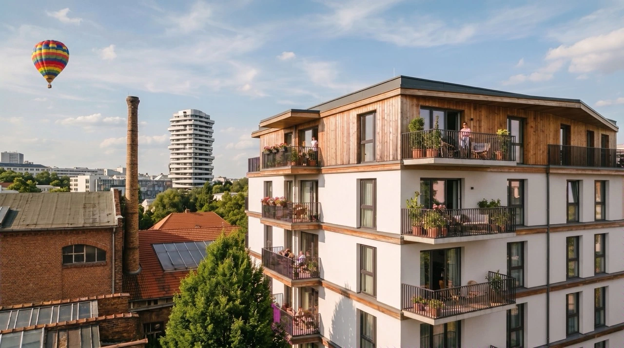 Architekturvisualisierung eines Holzwohngebäudes im städtischen Kontext.